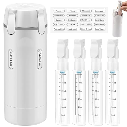 Distributeur de Voyage 4 en 1, Bouteilles de Voyage 4 en 1, Distributeur de Voyage Rechargeable, Clear Portable Dispenser Bottles, Multipurpose Travel Toiletry Containers, pour Voyage et Bureau