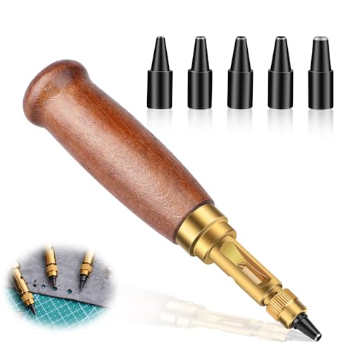 Azonee Adjustable Leather Hole Punching Tool with Wooden Handle, Automatic Puncher with 6 Tips (1.5mm-4mm) for Leather Belt, Bag, Wristband, DIY Crafts