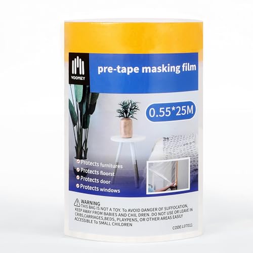 Image of Voomey Pre-Taped Masking Film, Painters Tape with Plastic Attached, Automotive Painters Tape and Drape for Appliances, Furniture, Wood Surfaces & DIY Projects - 1ft x 82ft