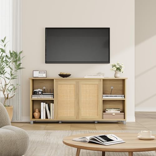 IDEALHOUSE Rattan TV Stand for 65 Inch TV, 62.6" Entertainment Center with Storage Cabinet & Shelves, Modern Media Console with Natural Rattan Doors, Wooden TV Console Table for Living Room Bedroom