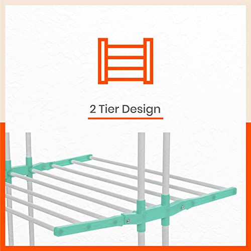 Image of Bathla 2 Level Modular Cloth Drying Stand with Wheels - Rustproof Portable Steel Laundry Rack (Teal - Medium) - Clothes Dryer for Balcony, Indoor & Outdoor Use
