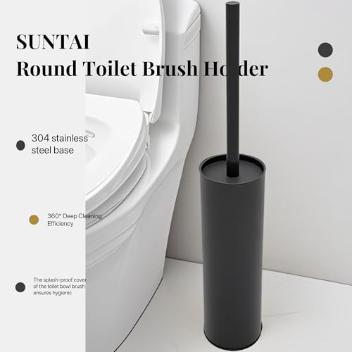 Image of Toilet Brush and Holder,304 Stainless Steel Toilet Brush with Long Brush Handle,Toilet Bowl Brush for Bathroom Cleaning,2 Bristle Heads, Black