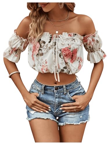Milumia Women's Floral Off Shoulder Blouse Puff Short Sleeve Frill Trim Tie Front Crop Top