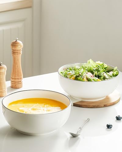 Salad Bowls, 120 OZ(10") Large Serving Bowls Set of 2, Ceramic White Serving Bowls for Salad, Soup, Pasta and Dinner, Large Porcelain Bowl Set for Entertaining with Black on the Rim - Thumbnail 4