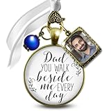 Bridal Bouquet Photo Charm Dad You Walk Beside Me White Wedding Pendant Blue Bead Father Memorial Remembrance Photo Jewelry