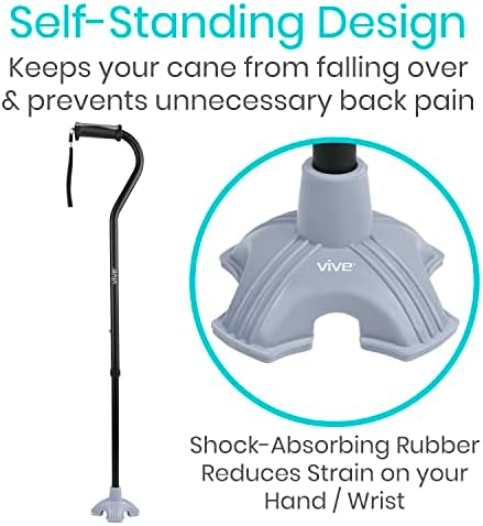 Vive Cane Tip - Quad Rubber Replacement Foot Pad for Walking Canes - Stable Four Point, Self Standing Quadruple Tripod Stand for Cane - Universal 4 Leg Attachment for Walking Stick (Grey)