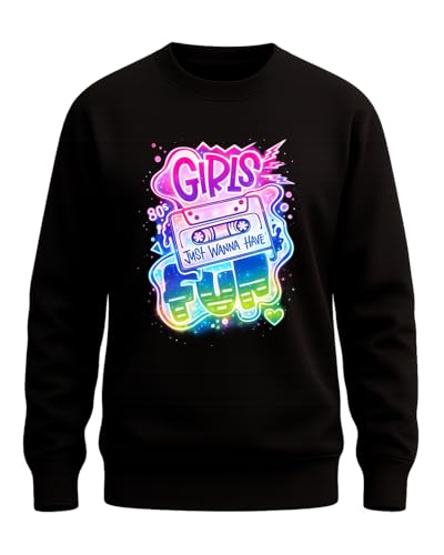Pull rétro Girls Just Wanna Have Fun style pop art années 80 look de fête noir grande taille 3XL