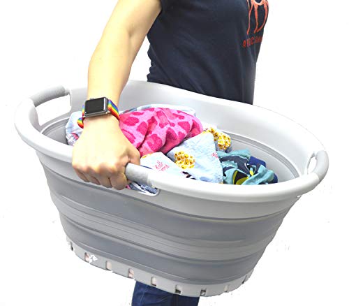Image of SAMMART Collapsible Plastic Laundry Basket - Foldable Pop Up Storage Container /Organizer - Space Saving Hamper /Basket (3 Handled Oval, Grey /Grey)