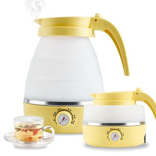 Portable Travel Foldable Electric Kettle Collapsible Food Grade Silicone Mini Water Boiler For Coffee or Tea Fast Water Boiling Pot 6 Modes Adjustable 600ml/20oz (Yellow)