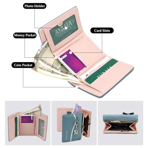 Image of NFI essentials Multi Fold Women's Wallet, Holding Credit Card Cash & Coins Small Purse Clutch with Cat Shaped Metal Keychain Mini Wallet (Blue)