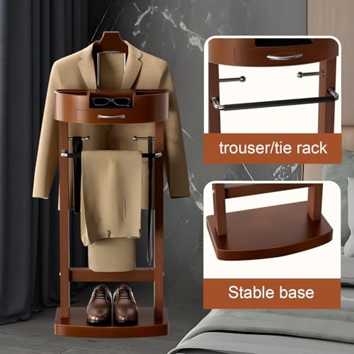 MLAVUDM Wooden Suit Valet Stand for Men, Clothes Valet with Drawer, Shoe Rack, Tie Rack and Trouser Bar, Freestanding Clothes Organizer for Bedroom Entryway