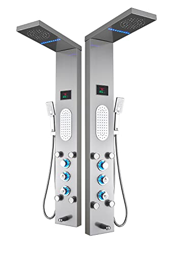 Image of ELLO&ALLO LED Shower Panel Tower System, Rainfall and Mist Head Rain Massage Stainless Steel Shower Fixtures with Adjustable Body Jets, Brushed Nickel