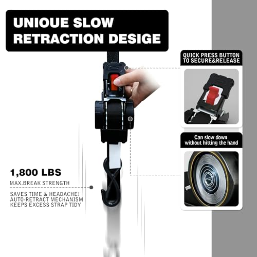 Image of Retractable Ratchet Straps 1 inch x 13Ft, Heavy Duty Self Retracting Tie Down Straps, 1800lb Break Strength Auto Retract Cargo Straps for Truck, Trailer, Motorcycle, ATV, UTV, (Black, 4 Pack)
