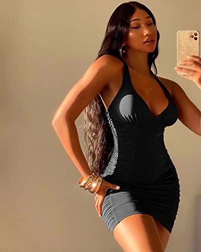 Zilezile Women's Sexy Bodycon Sleeveless V-Neck Ruched Spaghetti Strap Mini Club Dress Black #TOP4