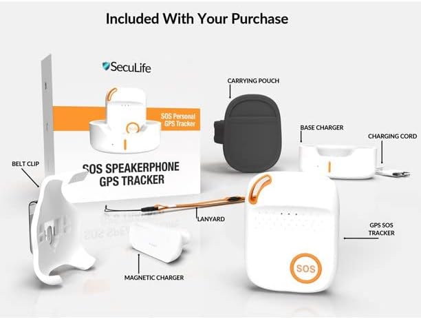 Contents of the Seculife Kids GPS Tracker S4 package, including the tracker, charging cable, and accessories.