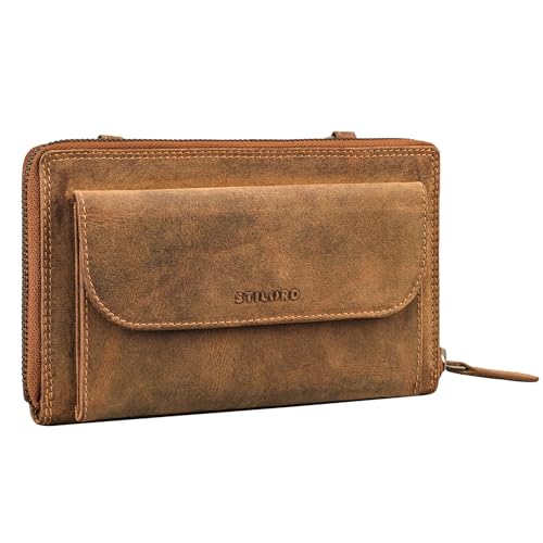 STILORD Monica 4 in 1 Leder Geldbörse mit Handyfach Damen Clutch Geldbeutel zum Umhängen Schultertasche Klein Crossbody Portemonnaie für Frauen Handytasche Echtleder Farbe:Bergamo - braun