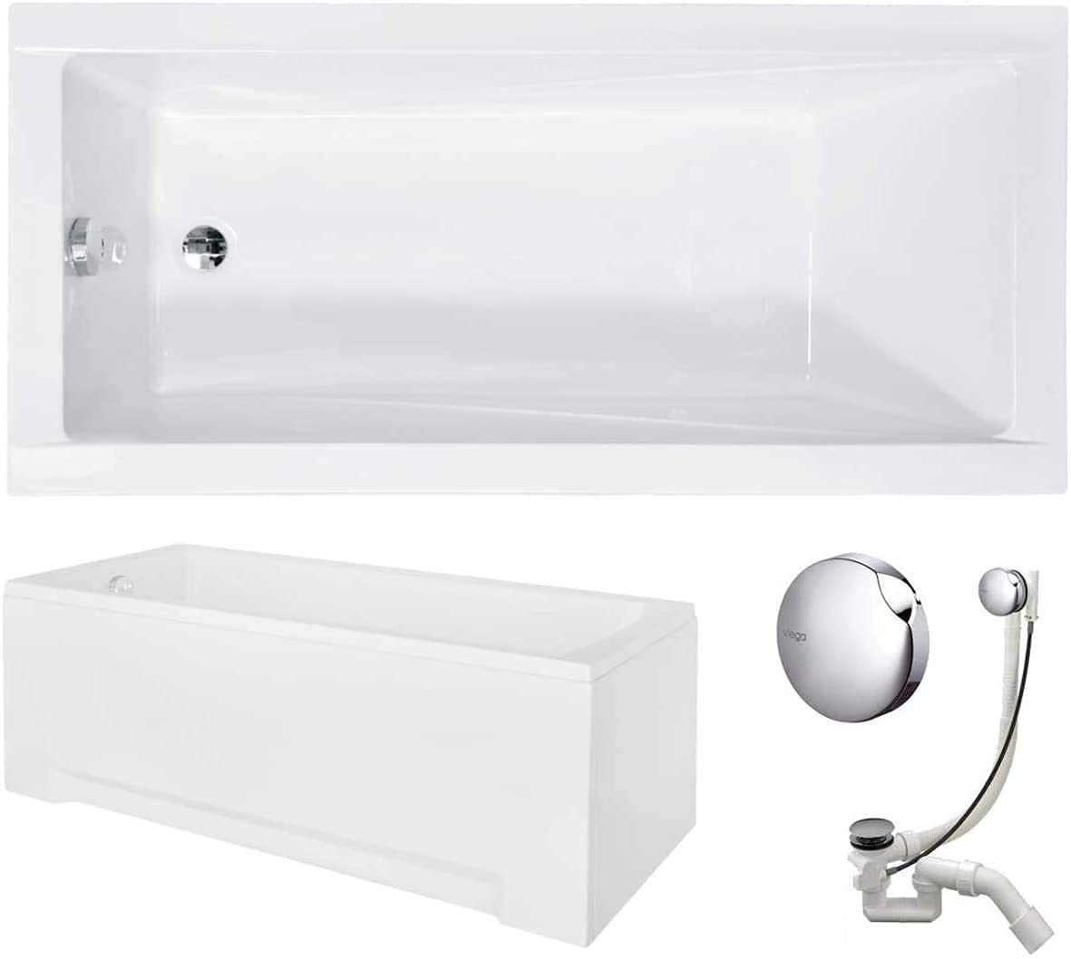 VBChome Bañera, 180 x 80 cm, acrílico, juego de 3 piezas, delantal, sifón, rectangular, color blanco, diseño moderno, patas de bañera, desagüe cromado