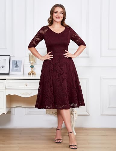 Image of Dressystar Womens Long-Sleeve Wedding Guest Dress A-Line Lace Formal Party Cocktail Midi Dress Prom Gown