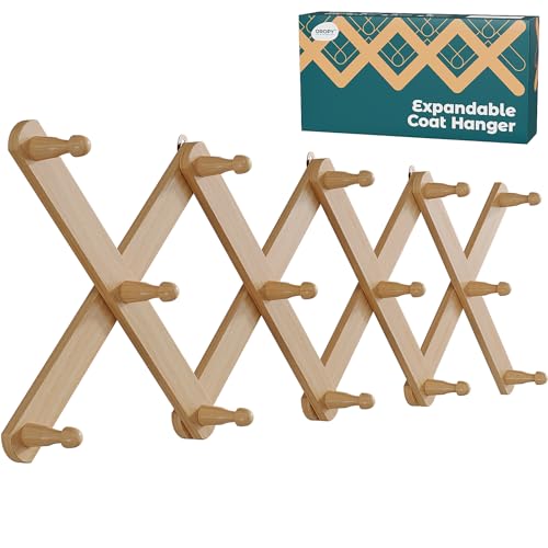 Image of OROPY Wood Accordion Wall Hanger, Expandable Coat Rack Wall Mount with 14 Pegs, Expanding Hat Rack for Wall, X Shape, 27"×10", Natural Color