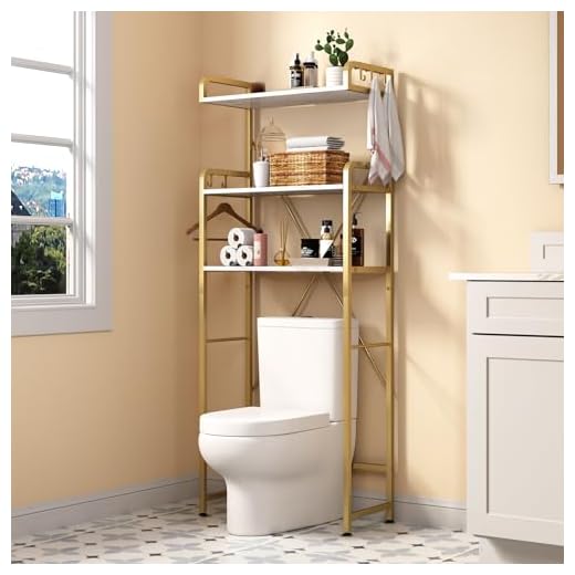 Over The Toilet Storage Rack with 3-Tier Shelves, Space Saver Toilet Shelf, Laundry Organizer with Hooks for Over Toilet Storage and Space Saver (White & Gold)