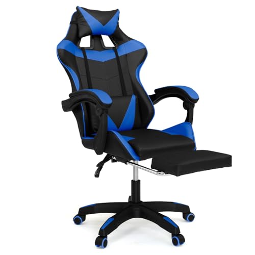 IDMarket – Fauteuil de Gaming Alex réglable avec Repose-Pied, Coussin de tête et Coussin Lombaire Noir et Bleu