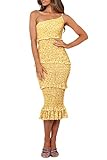 PRETTYGARDEN Women's Summer Midi Bodycon Dresses One Shoulder Strappy Tiered Ruffle Floral Boho Sun Dress (Floral Yellow,Small)