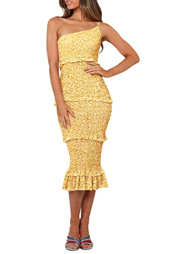 Image of PRETTYGARDEN Women's Summer Midi Bodycon Dresses One Shoulder Strappy Tiered Ruffle Floral Boho Sun Dress