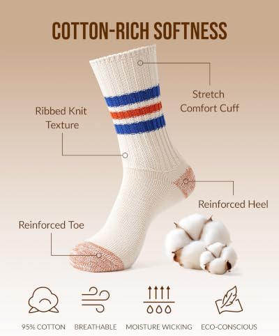 Jeasona Men's 95% Cotton Crew Socks, Mid-Calf Stripe Socks, Size 10-13 - 4