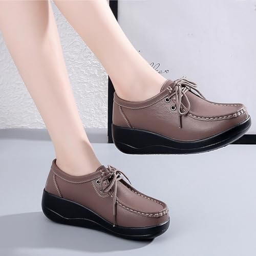 Image of Women's Leather Lace up Slip On Platform Loafers,Comfortable Arch Support Round Toe Wedge Moccasins Non-Slip Increase Height Nurse Work Shoes