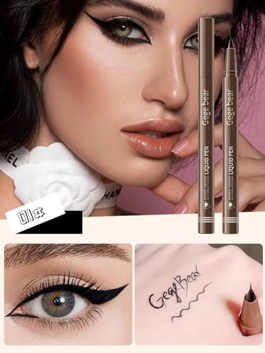 Image of Gege Bear Liquid Eyeliner Pen | Ultra-Fine Tip for Sharp Wing & Cat Eye | Waterproof, Long-Lasting | Smudge-Proof Formula | Slim Brush Tip | 4 Natural Glam Bold Black & Brown Tones Shades | Perfect Eye Makeup for Girls Women (01#Black, 1ml)