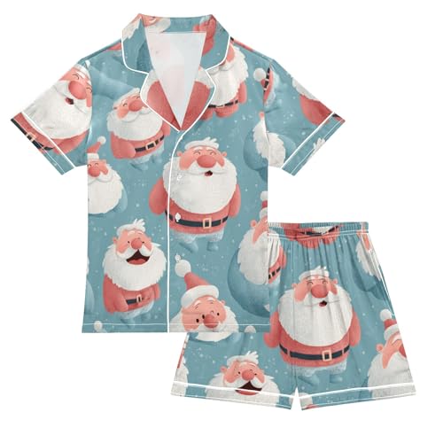Satin Pajama Sets Short Sleeve Santa Claus Pattern Print Button Down Silky Nightwear 2 Piece PJS 5-14Y
