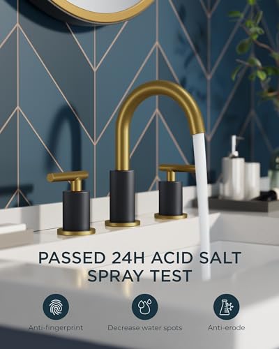 Image of FORIOUS Black and Gold Bathroom Faucet 3 Hole with Pop Up Drain and 24 in Supply Line, 2 Handle Modern Bathroom Vanity Faucet Widespread 8 inch with 360 Degree Swivel Gooseneck, for 6 inch to 12 inch Basin