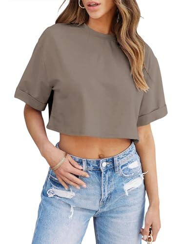 Image of Tankaneo Women Crop T-Shirts Half Sleeve Drop Shoulder Cropped Tops Y2K Casual Summer Basic Tees
