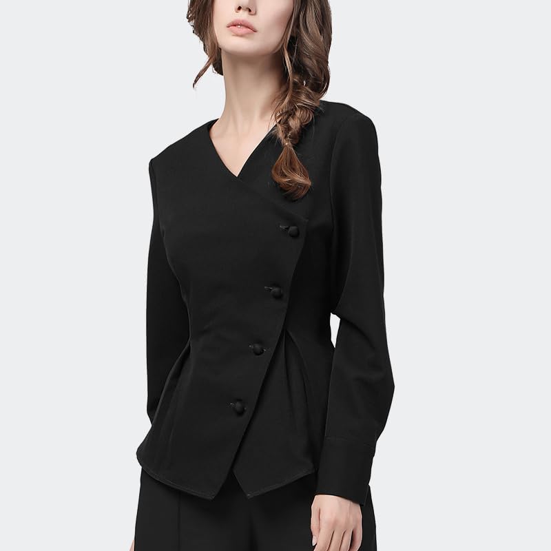 Chemise asymétrique Couleur Bonbon pour Femmes, Simple Boutonnage, Manches Longues, col en v, Taille Haute, Hauts Slim, Chemisiers de Bureau d'automne (Marron S)