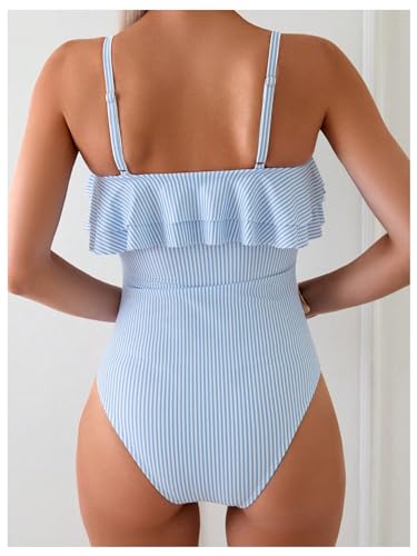 Floerns Women's One Piece Swimsuit Ruffle Trim Striped Print Monokini Swimwear2