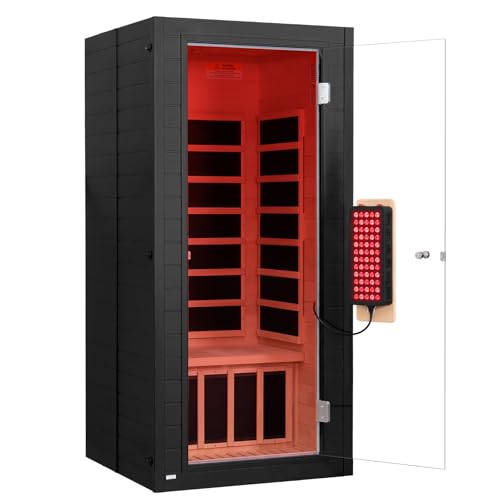 springspa Far Infrared Sauna for Home, Near Zero EMF Wood Home Sauna Room with 1400W, 9 Chromo Therapy Lights, Oxygen Ionizer, Bluetooth, LCD Control Panel for Indoor Use, 1 Person 1 Person