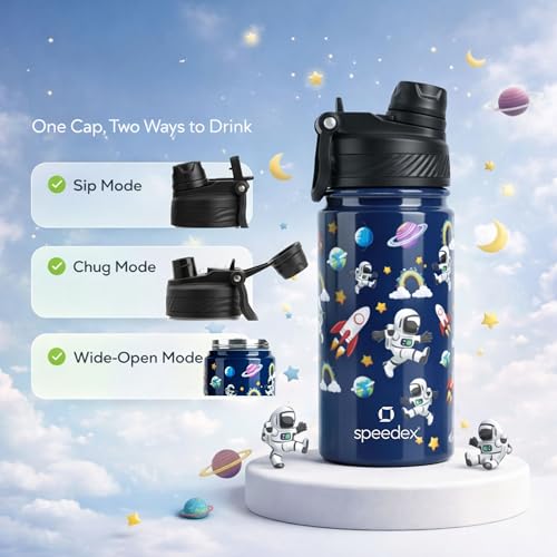 Image of Speedex Astronaut 500 Kids Vacuum Insulated Stainless Steel Water Bottle 450 ML | Double Wall Hot & Cold Sipper (Straw + Direct Sip) | Leakproof BPA Free School Water Bottle for Boys & Girls