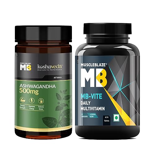 Image of MuscleBlaze Koshaveda Ashwagandha 500mg, Ayurveda for Performance, Ayush Approved, 60 Tablets & MB-Vite Daily Multivitamin with 51 Ingredients & 6 Blends for Energy & Recovery, 60 Tablets (Combo Pack)
