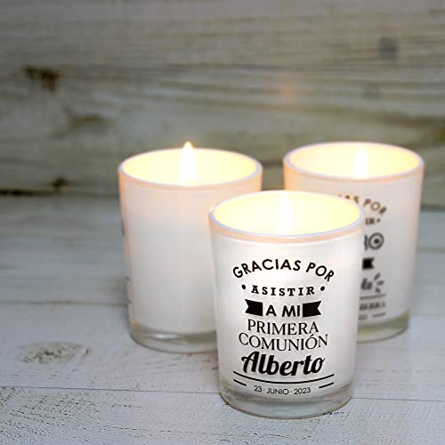 Velas personalizadas para eventos. Regalo de invitados de boda, comunión, bautizo en vaso de cristal con adhesivo personalizado con tu nombre o diseño (Comunión)