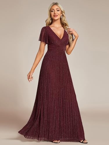 Image of Ever-Pretty Women's V-Neck Glitter Formal Dresses Pleated Short Sleeves Floor Length A-Line Mother of Bride Dress 11961