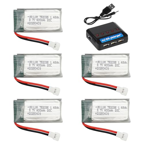 3,7 V 400 mAh Lipo-Batterie 20 C avec connecteur Molex pour avions RC, mini-drones, quadricoptères, modèles d'avions, batterie avec chargeur 5 en 1 (lot de 5)