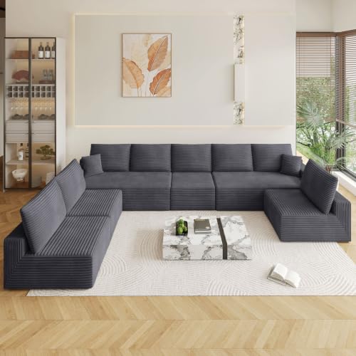 Image of Oversized Modular Sectional Sofa Couch,Large 8 Seater Corner Sofa Modern U Shaped Sectional Couch Cloud Couches for Living Room,Office,Spacious Space,Corduroy,No Assembly Required,Dark Grey