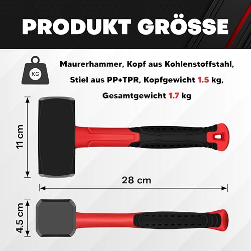 C&T Fäustel 1500g,Feustel-Hammer,Schwere Hammer,Sledgehammer, verstärkte Kopf-Schaft-Verbindung zum Einschlagen von Vollnägeln,Komfortabler Fiberglas-Stiel