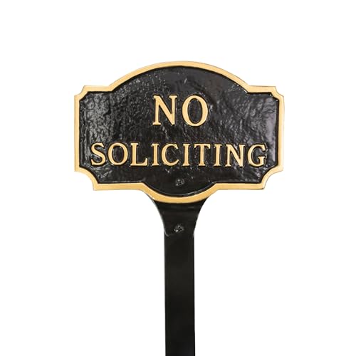 Montague Metal Products Montague No Soliciting Statement Plaque, Cast Metal No Soliciting Statement Sign - WALL Display Plaque - Warning Signs - Business - Easy to Install - UV Resistant (Black/Gold, 4.5' x 7.15' with 17.5' Lawn Stake)