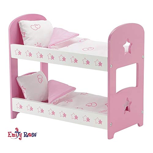 Emily Rose 14 Inch Doll Bunk Bed Set - Pink/White Wooden Furniture with 2 Complete Bedding Sets - Fits Wellie Wishers, Glitter Girls & 14” Dolls - Thumbnail 4