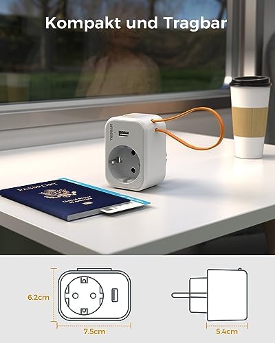 TESSAN Gniazdo USB Gniazdo z USB, Przejściówka do Gniazdka USB z Kablem do ładowania USB C, Wtyczka 3 w 1 z Gniazdem USB 3600W z Przyłączem USB C, Przejściówka do Gniazdka Sieciowego USB do Telefonu