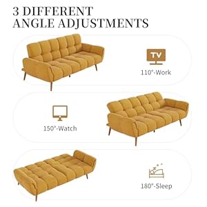 Futon Sofa Bed Convertible 7677 Modern Linen Futon Couch Comfy Sleeper Sofa with Adjustable Backrests Couch Bed for Small Spaces Living Room Bedroom Apartment Yellow