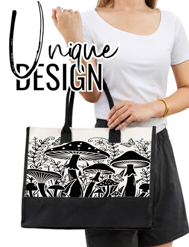 Bolso tote de lona InnoBeta con diseño de hongos para mujer, con cierre de cremallera superior y correa para el hombro, ideal para cumpleaños, Día de la Madre y Navidad - Negro miniatura 2