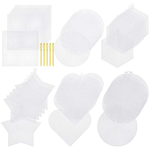 Pllieay 24 Pieces 4-6 Inch Mesh Plastic Canvas Sheets Kit Including 24 Pieces 6 Shapes Clear Plastic Canvas and Embroidery Tools for Embroidery Plastic Canvas Craft