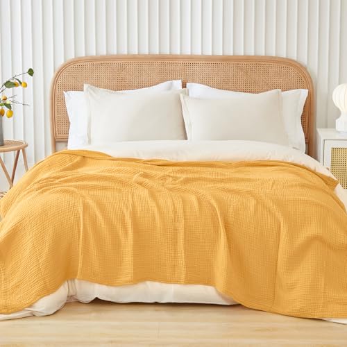 Image of EMME Cotton Muslin Large Throw Blanket Couch Breathable Gauze Soft Lightweight Bed Blankets Adults (Heather Yellow, 50 inchx70 inch)